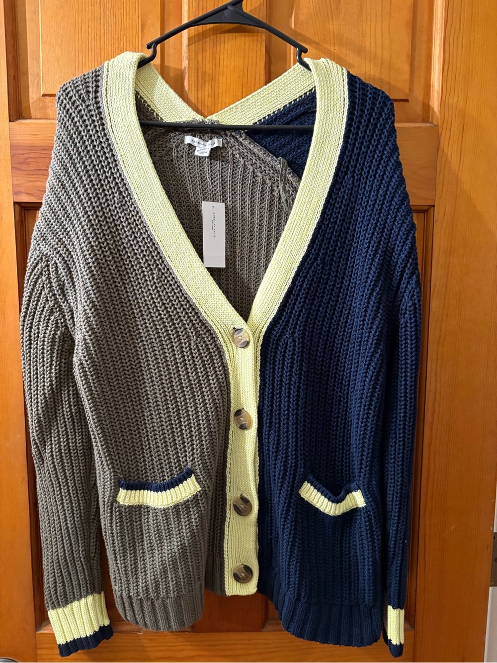 American Eagle Outfitters Navy, Olive & Lemon Trim Colorblock Cardigan oversized